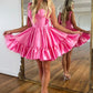 A line Sweetheart Satin Pink Knee Length Prom Dress, Cute Homecoming Dress Short Graduation Dress
