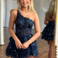 Navy A line Sequins Tiered Short Prom Dress, One Shoulder Party Dress