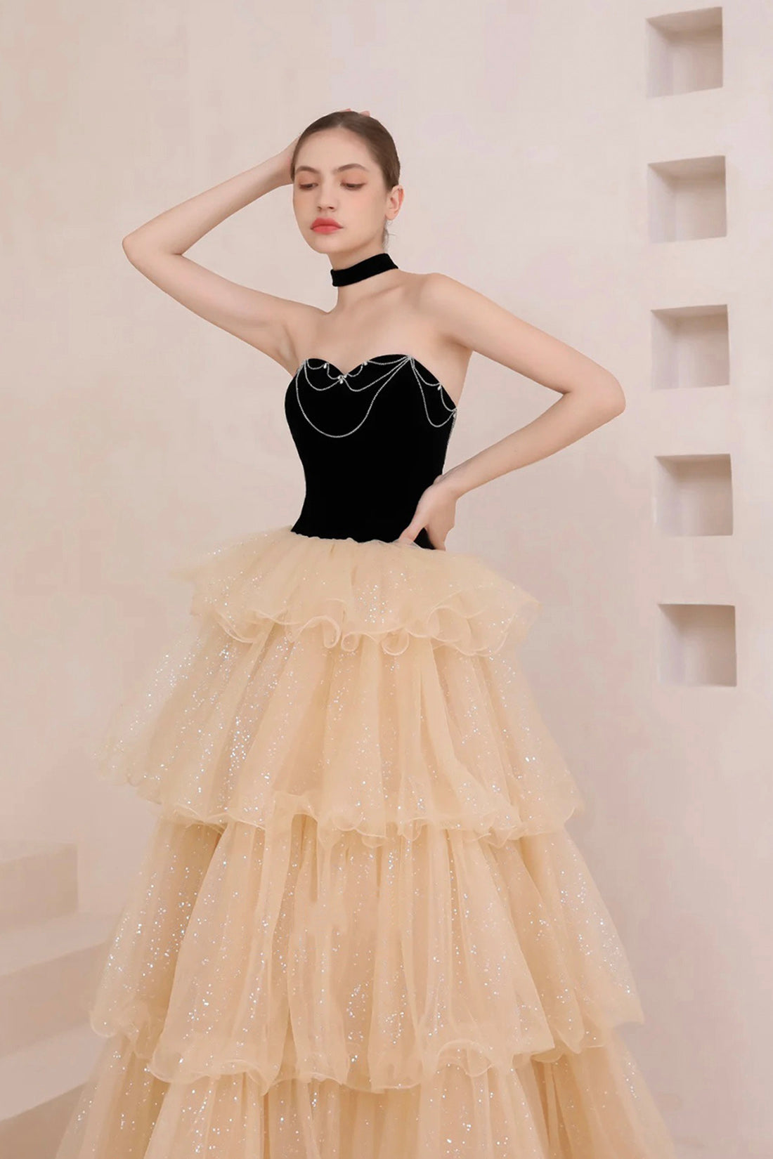 Black and Champagne Tulle Tiered Long Prom Dress, A-Line Sweetheart Formal Evening Dress