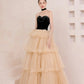 Black and Champagne Tulle Tiered Long Prom Dress, A-Line Sweetheart Formal Evening Dress