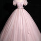 Pink Short Sleeve Floor Length Prom Dress, Pink Evening Party Dress