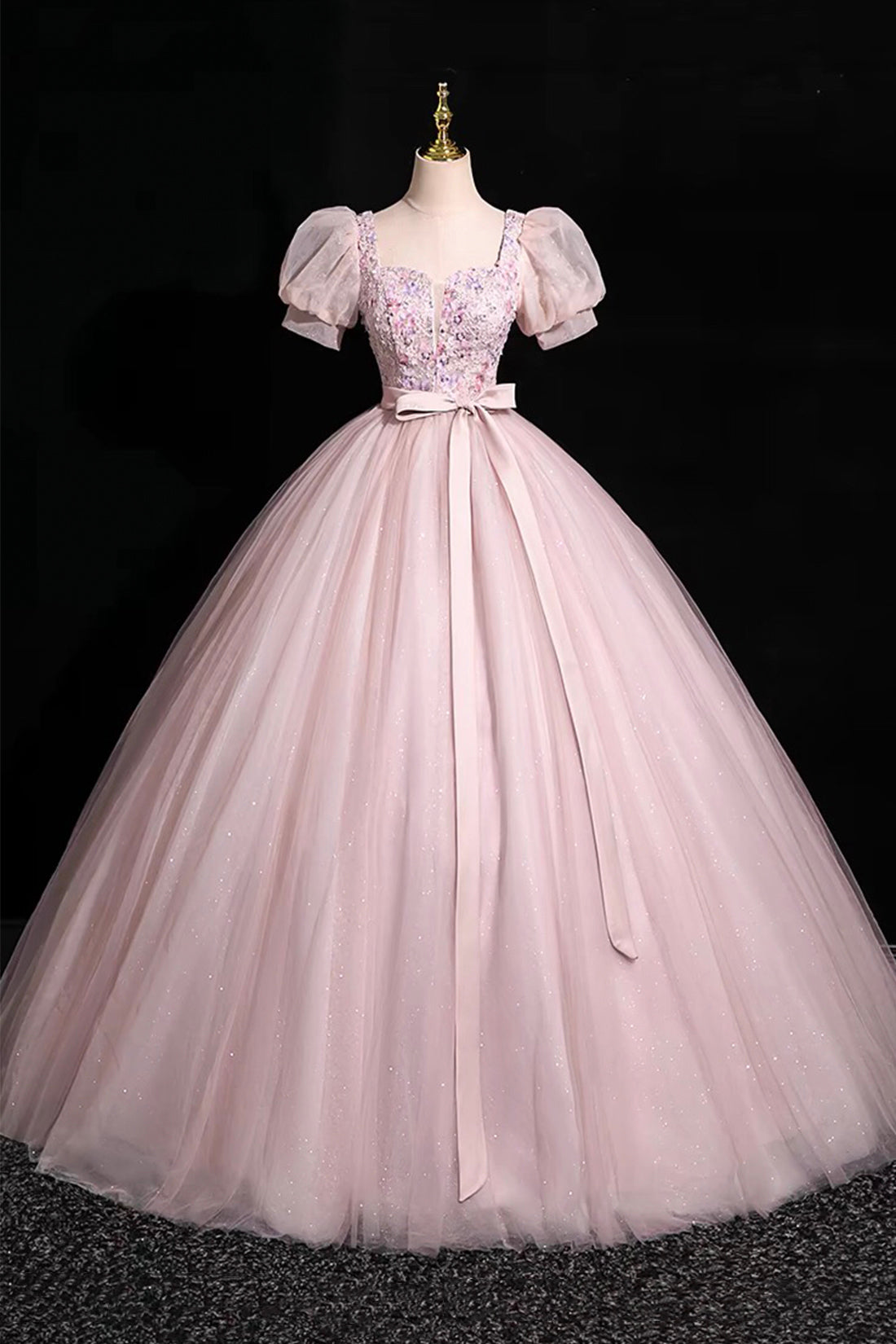 Pink Short Sleeve Floor Length Prom Dress, Pink Evening Party Dress