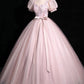 Pink Short Sleeve Floor Length Prom Dress, Pink Evening Party Dress