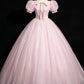 Pink Short Sleeve Floor Length Prom Dress, Pink Evening Party Dress