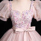 Pink Short Sleeve Floor Length Prom Dress, Pink Evening Party Dress