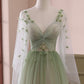 Beautiful Gradient Tulle Green Long Sleeves Prom Dress, Green Evening Formal Dresses