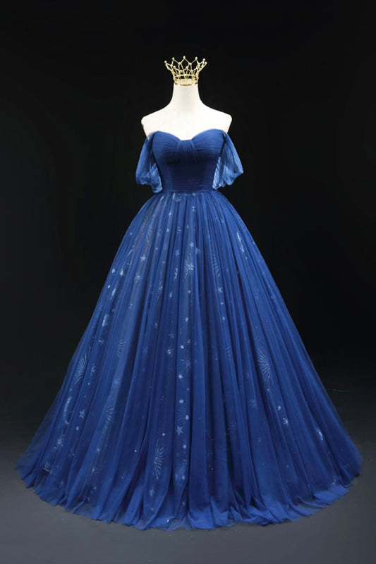 Navy Blue Tulle Long Prom Dress, Beautiful Off the Shoulder A-Line Backless Formal Dress