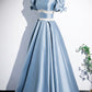 Blue Satin Long Prom Dress, A-Line Short Sleeve Blue Evening Dress