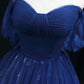 Navy Blue Tulle Long Prom Dress, Beautiful Off the Shoulder A-Line Backless Formal Dress