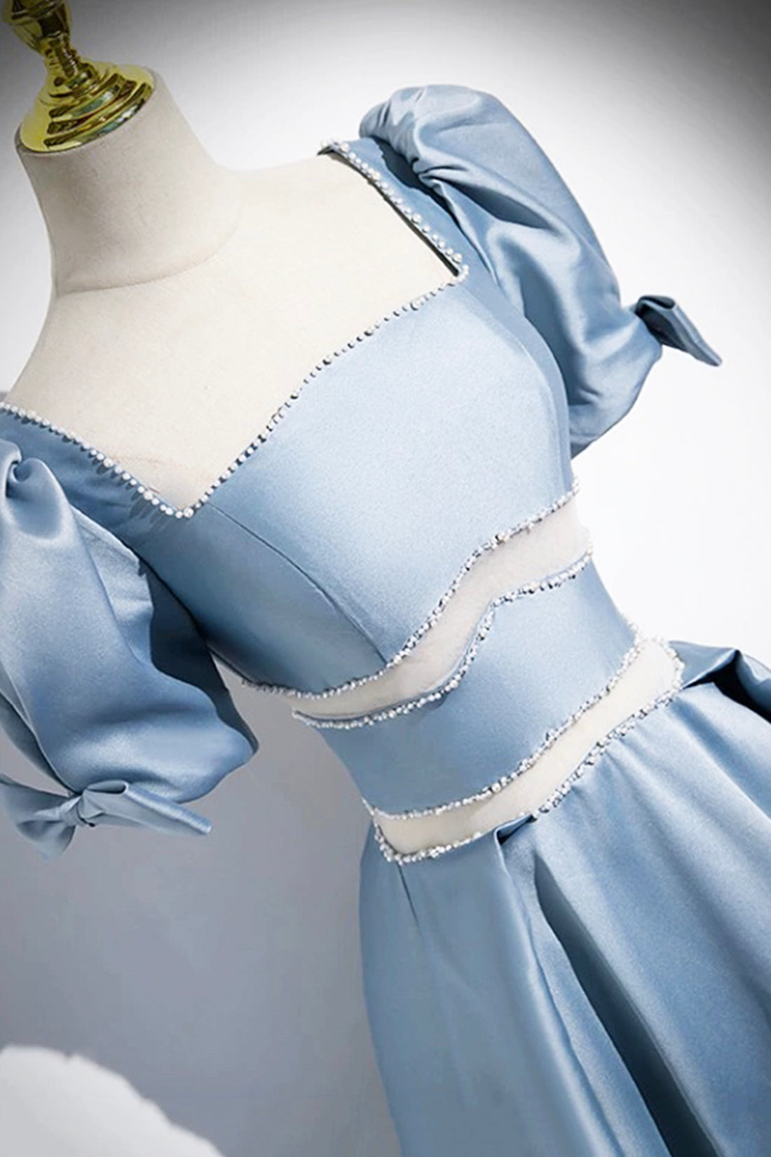 Blue Satin Long Prom Dress, A-Line Short Sleeve Blue Evening Dress