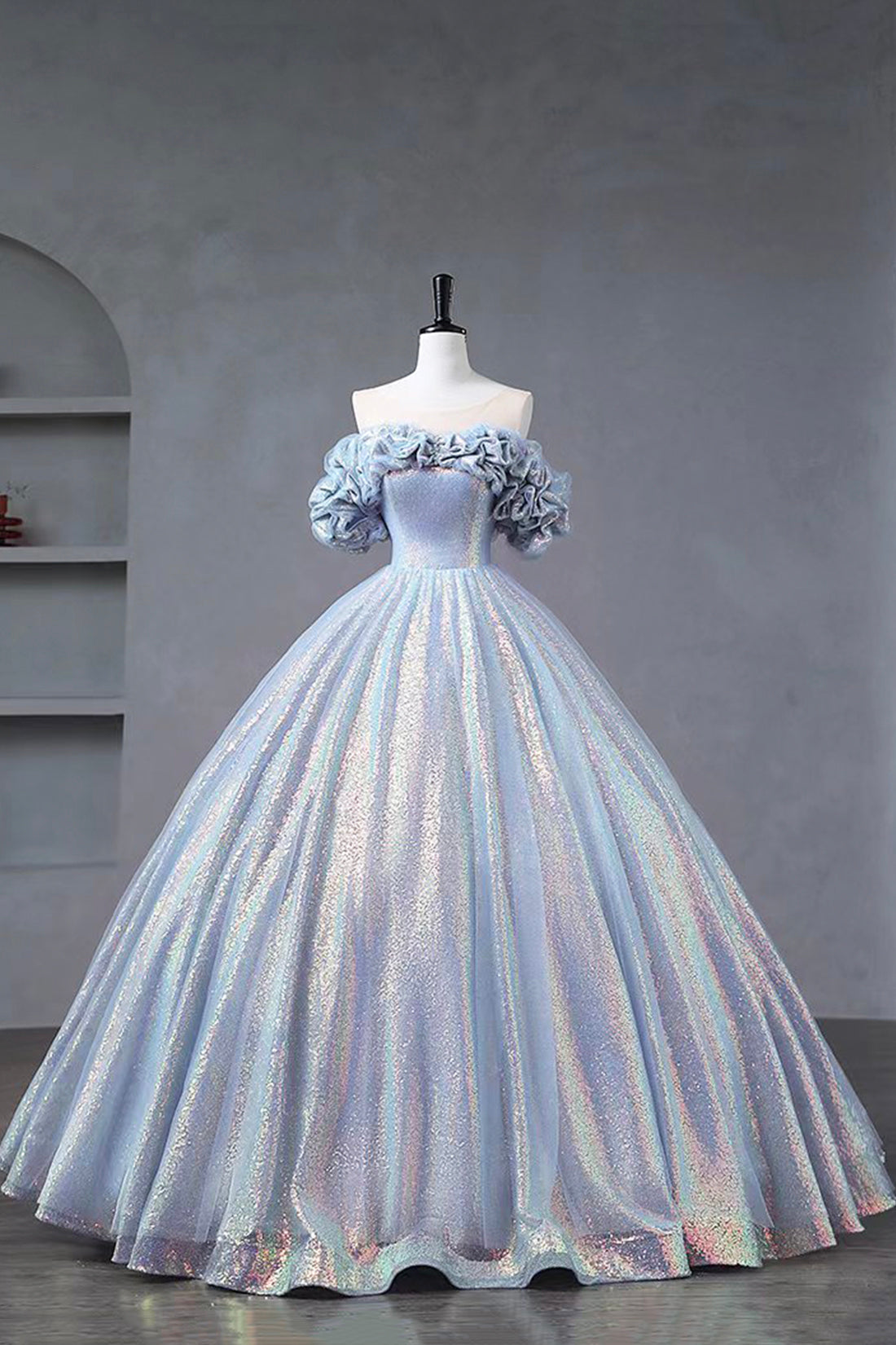 Shiny Tulle Sequins Long Floor Length Prom Dress, Off the Shoulder Evening Party Dress