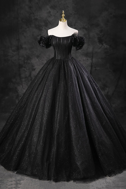 Black Shiny Tulle Floor Length A-Line Prom Dress, Off the Shoulder Evening Party Dress