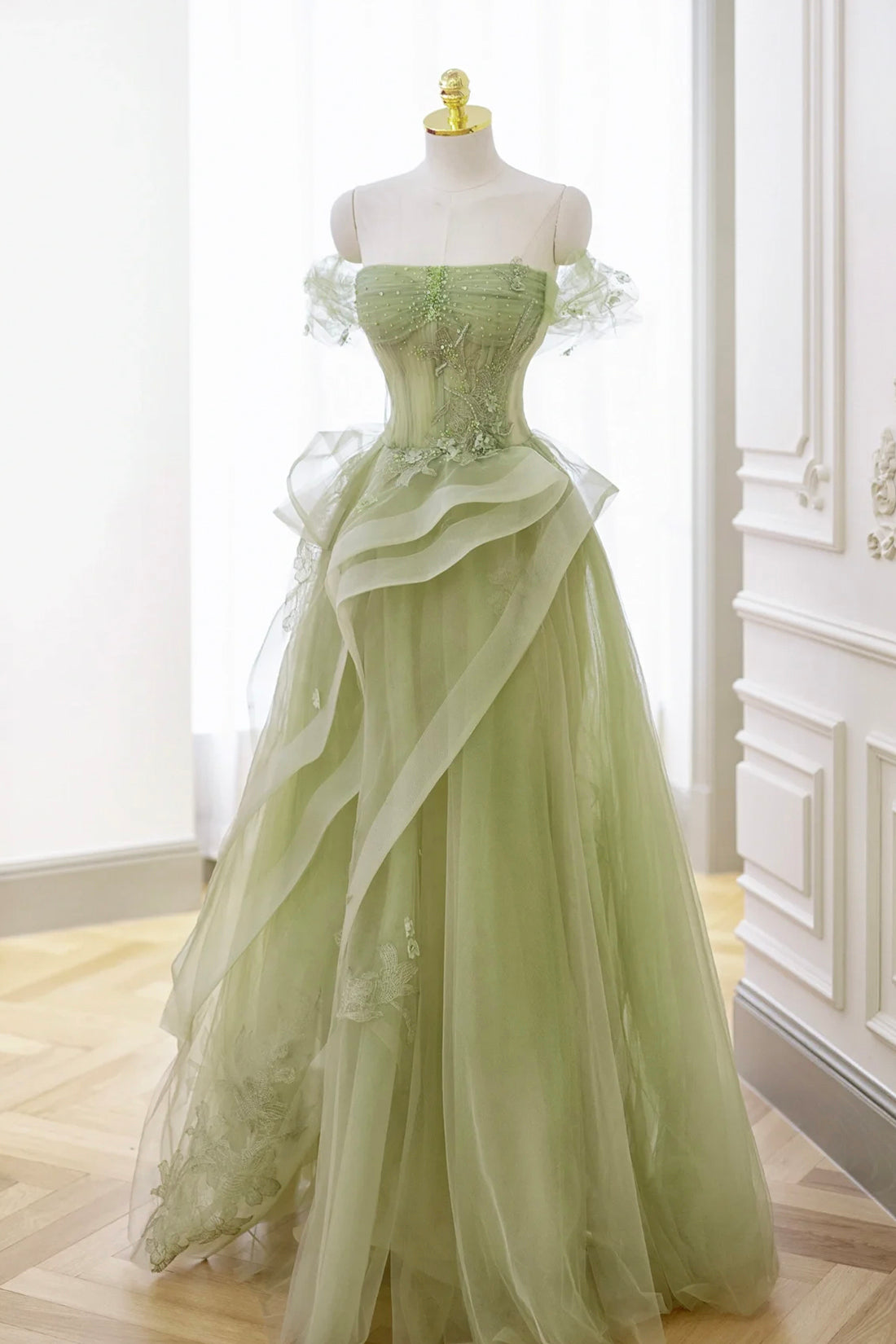Green Tulle Lace Long Prom Dress with Corset, A-Line Green Formal Party Dress