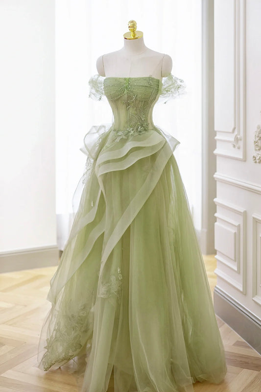 Green Tulle Lace Long Prom Dress with Corset, Off the Shoulder Green Formal Party Dress