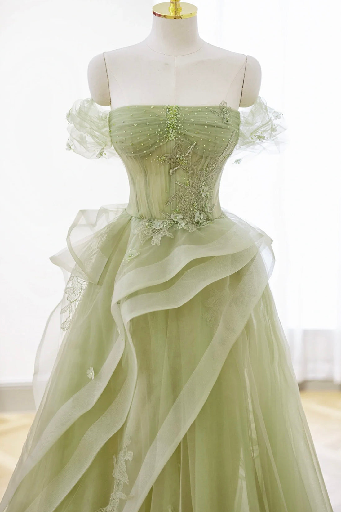 Green Tulle Lace Long Prom Dress with Corset, A-Line Green Formal Party Dress