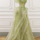 Green Tulle Lace Long Prom Dress with Corset, Off the Shoulder Green Formal Party Dress