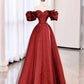 Burgundy Satin Tulle Long Prom Dress, Off the Shoulder Evening Dress