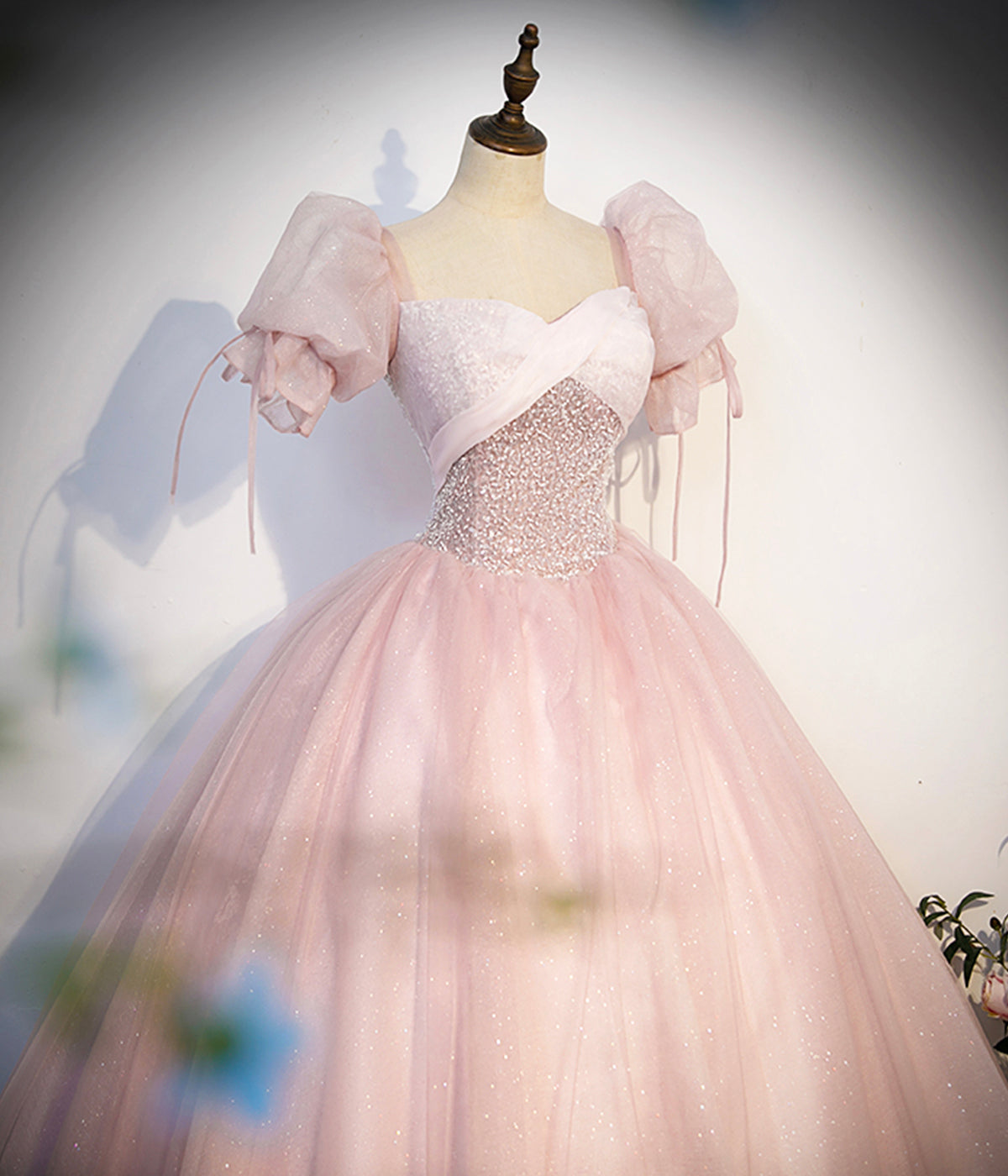 Blushing Pink Beading Sequins Prom Dresses, Short Sleeve Backless Floor-Length Formal Dresses