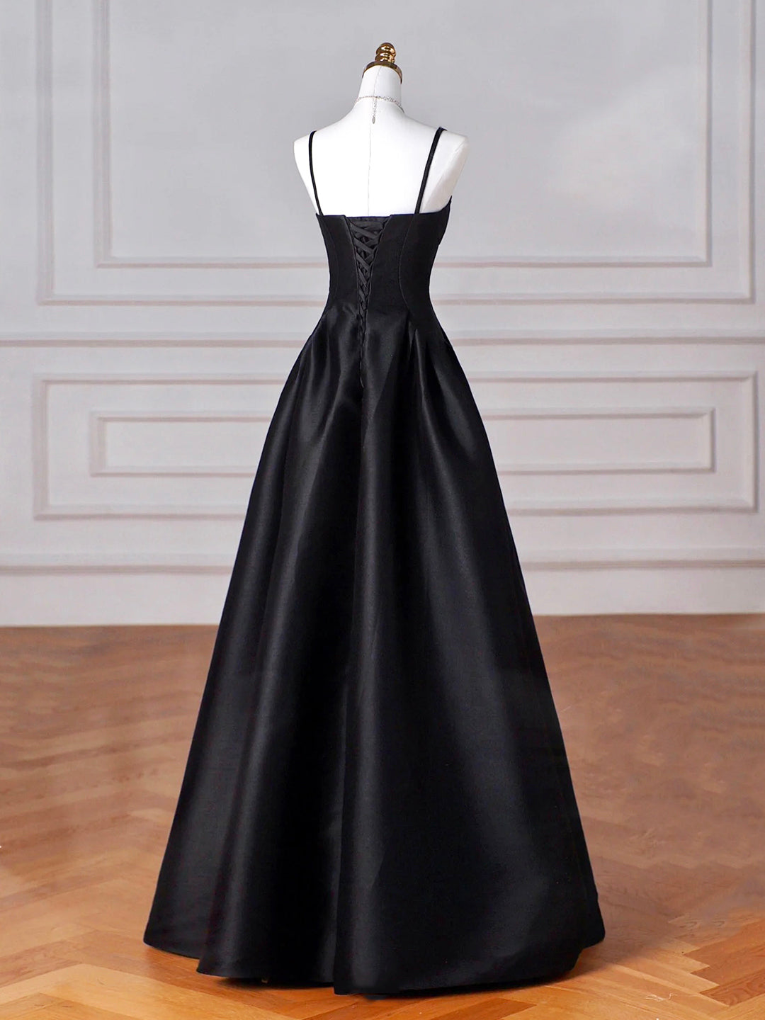 Black Spaghetti Strap Satin Long Prom Dress, Black A-Line Evening Party Dress