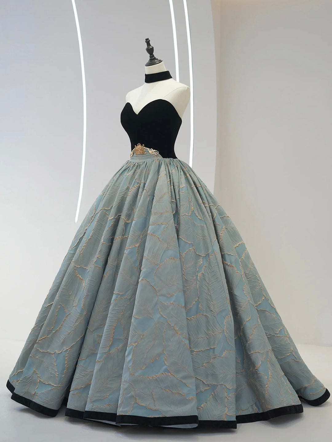Stylish Black Velvet and Jacquard Fabric Long Prom Dress, A-Line Strapless Evening Dress