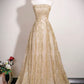 Gold Tulle Sequins Long Prom Dress, A-Line Strapless Evening Party Dress