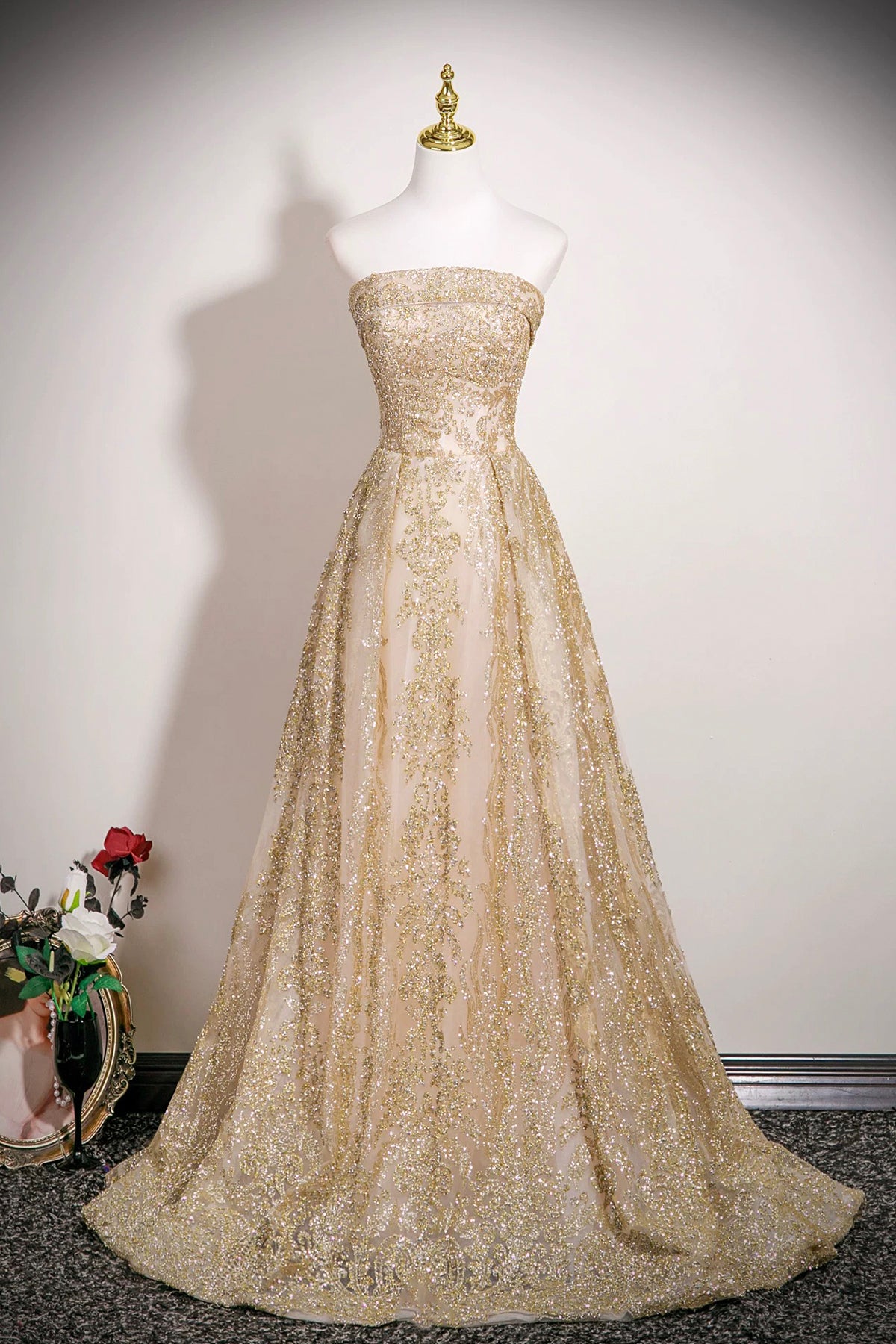 Gold Tulle Sequins Long Prom Dress, A-Line Strapless Evening Party Dress