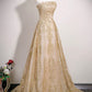 Gold Tulle Sequins Long Prom Dress, A-Line Strapless Evening Party Dress