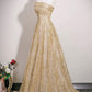 Gold Tulle Sequins Long Prom Dress, A-Line Strapless Evening Party Dress