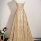 Gold Tulle Sequins Long Prom Dress, A-Line Strapless Evening Party Dress
