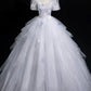 Gray Tulle Sequins Long Prom Dress, A-Line Short Sleeve Evening Party Dress