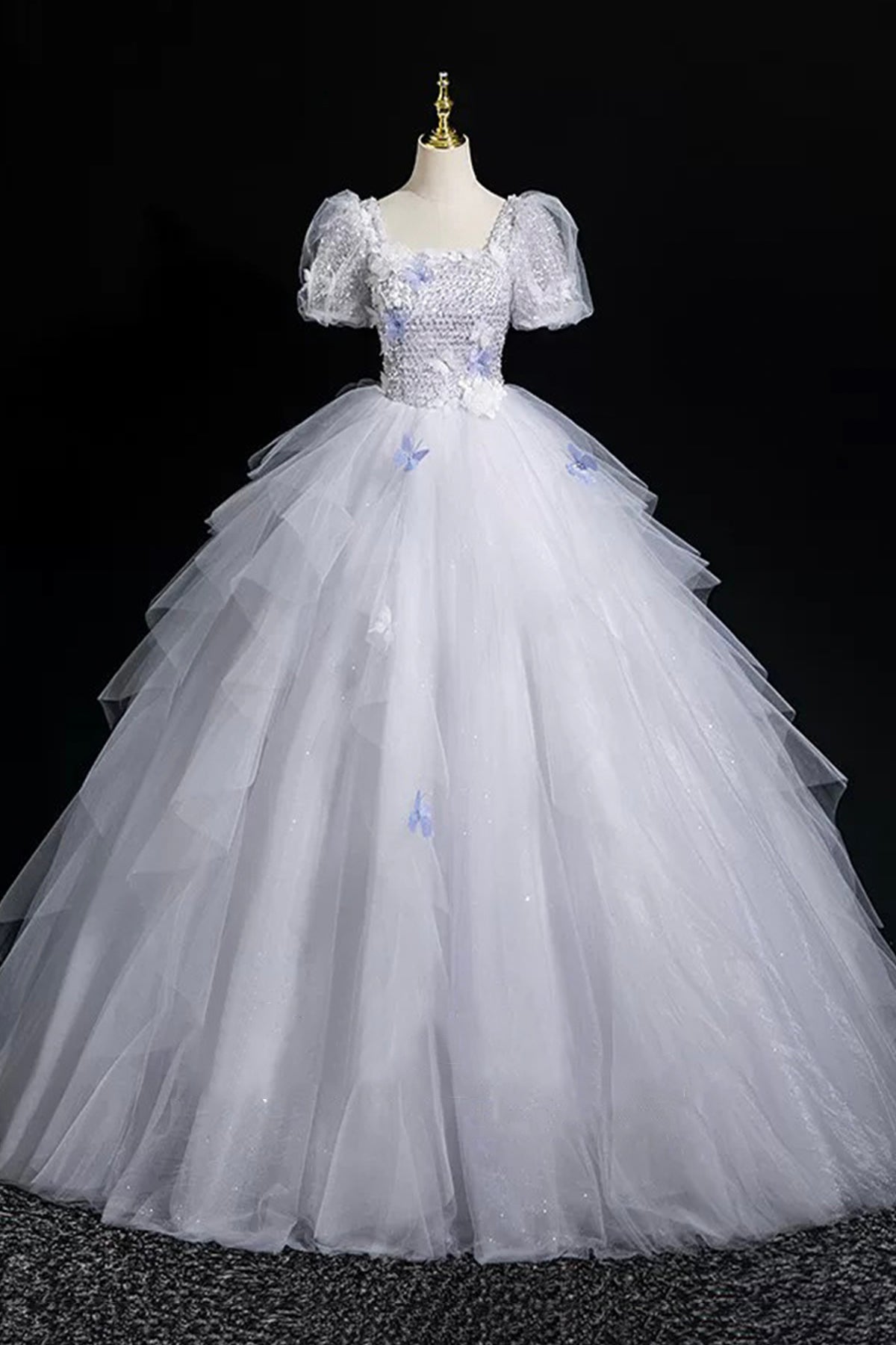 Gray Tulle Sequins Long Prom Dress, A-Line Short Sleeve Evening Party Dress