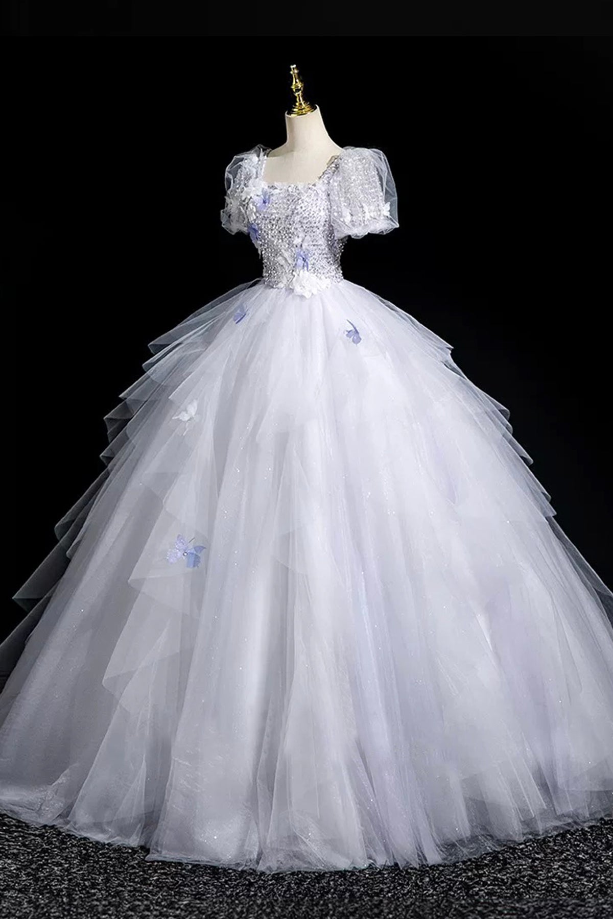 Gray Tulle Sequins Long Prom Dress, A-Line Short Sleeve Evening Party Dress
