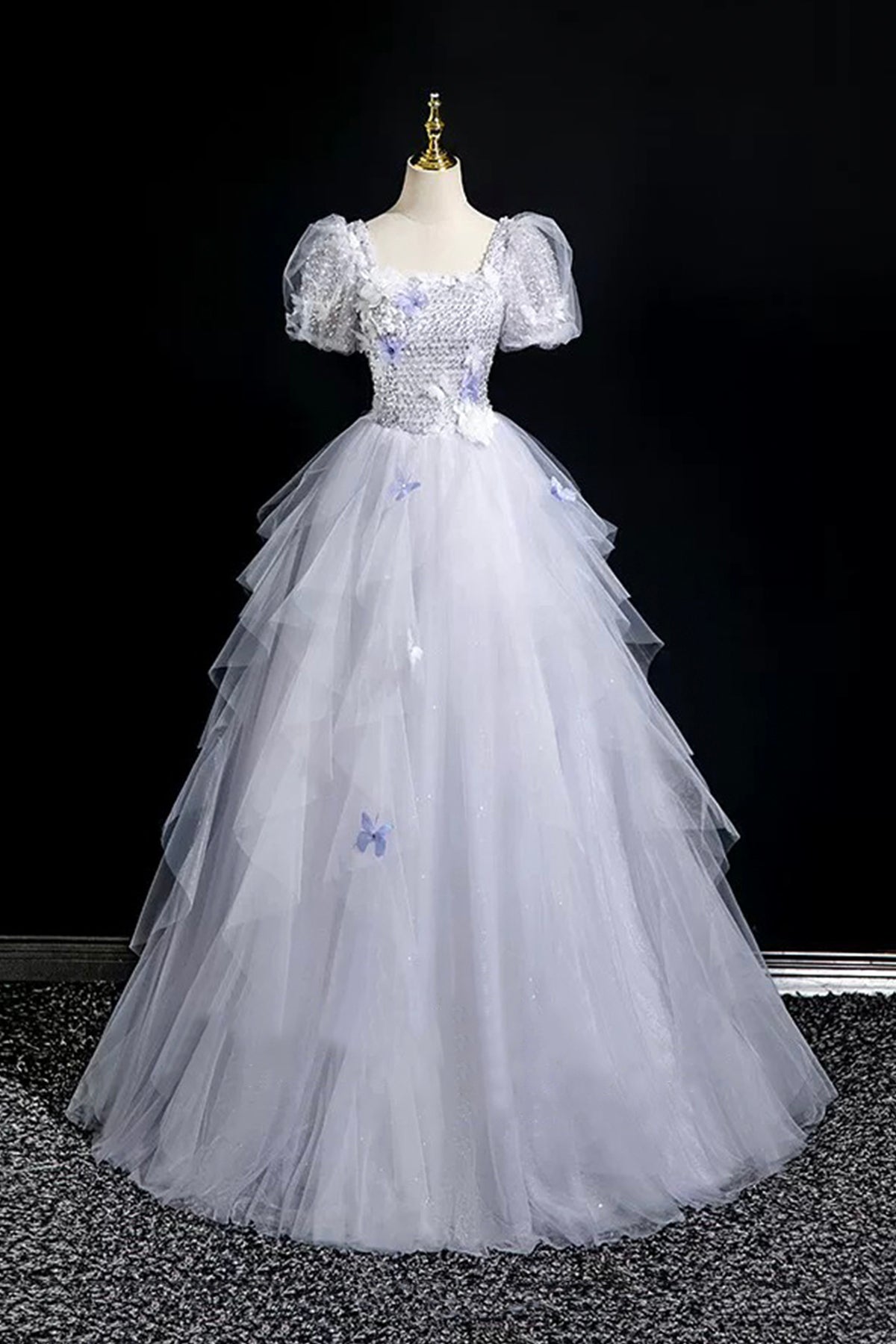 Gray Tulle Sequins Long Prom Dress, A-Line Short Sleeve Evening Party Dress