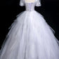 Gray Tulle Sequins Long Prom Dress, A-Line Short Sleeve Evening Party Dress