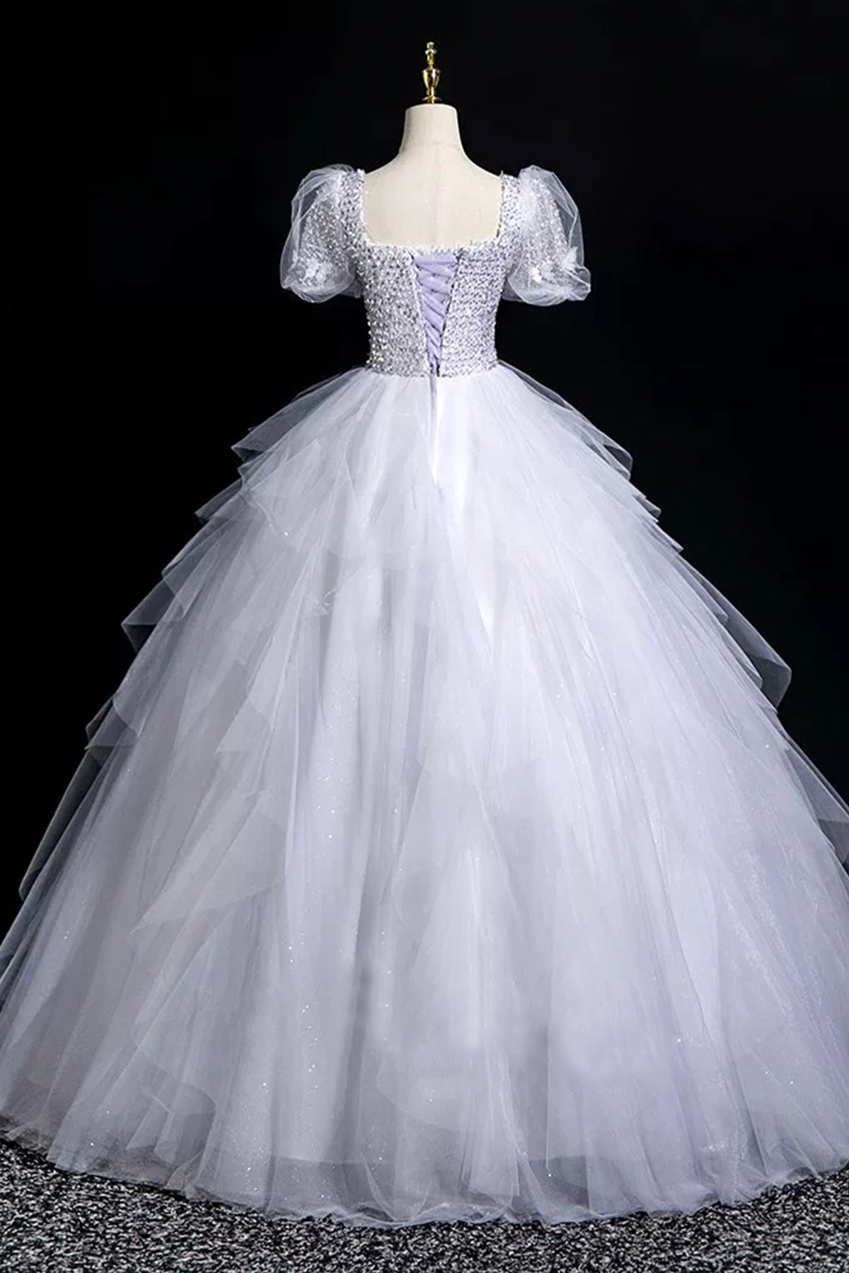 Gray Tulle Sequins Long Prom Dress, A-Line Short Sleeve Evening Party Dress