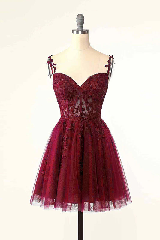 A-Line Tulle Lace Knee Length Prom Dress, A-Line Spaghetti Strap Evening Party Dress