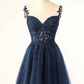 A-Line Tulle Lace Knee Length Prom Dress, A-Line Spaghetti Strap Evening Party Dress