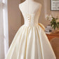 Lovely Satin Short Prom Dress, Champagne A-Line Strapless Evening Party Dress