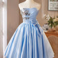 Lovely Satin Short Prom Dress, Blue A-Line Strapless Evening Party Dress