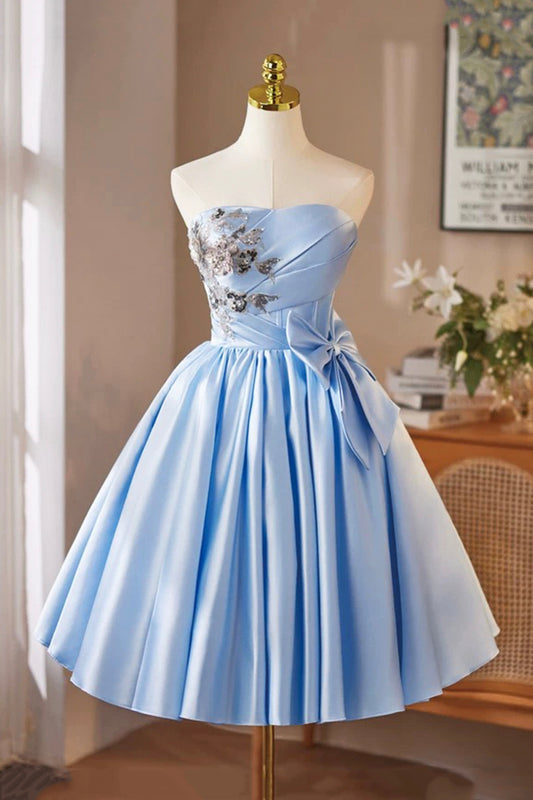 Lovely Satin Short Prom Dress, Blue A-Line Strapless Evening Party Dress