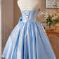Lovely Satin Short Prom Dress, Blue A-Line Strapless Evening Party Dress