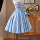 Lovely Satin Short Prom Dress, Blue A-Line Strapless Evening Party Dress