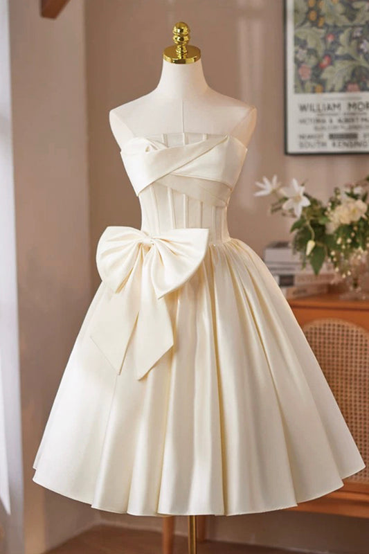 Lovely Satin Short Prom Dress, Champagne A-Line Strapless Evening Party Dress