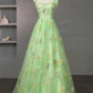 Green Floral Tulle Long Prom Dress, Beautiful Spaghetti Strap Evening Party Dress