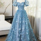 Blue Tulle Lace Floor Length Prom Dress, Elegant A-Line Short Sleeve Evening Party Dress