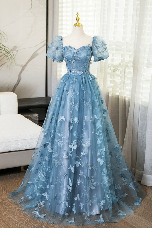 Blue Tulle Lace Floor Length Prom Dress, Elegant A-Line Short Sleeve Evening Party Dress