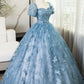 Blue Tulle Lace Floor Length Prom Dress, Elegant A-Line Short Sleeve Evening Party Dress