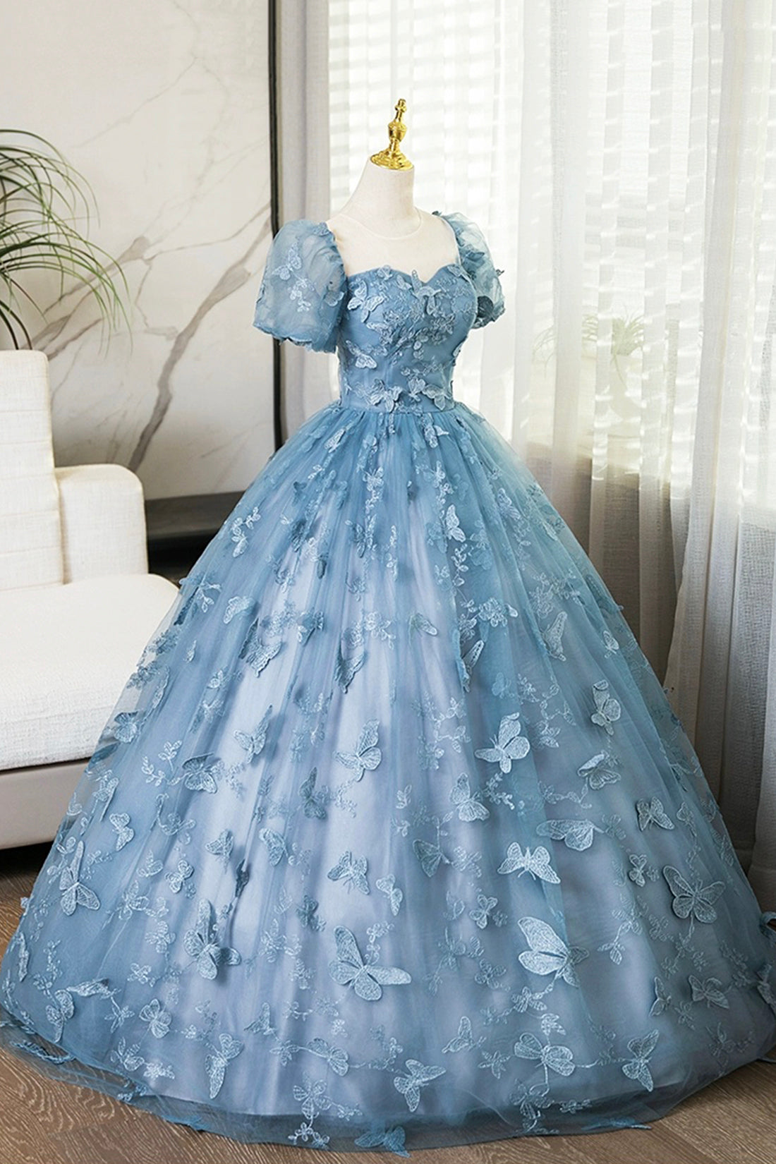 Blue Tulle Lace Floor Length Prom Dress, Elegant A-Line Short Sleeve Evening Party Dress