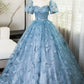 Blue Tulle Lace Floor Length Prom Dress, Elegant A-Line Short Sleeve Evening Party Dress