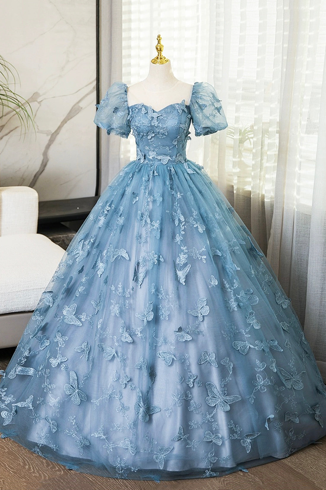 Blue Tulle Lace Floor Length Prom Dress, Elegant A-Line Short Sleeve Evening Party Dress